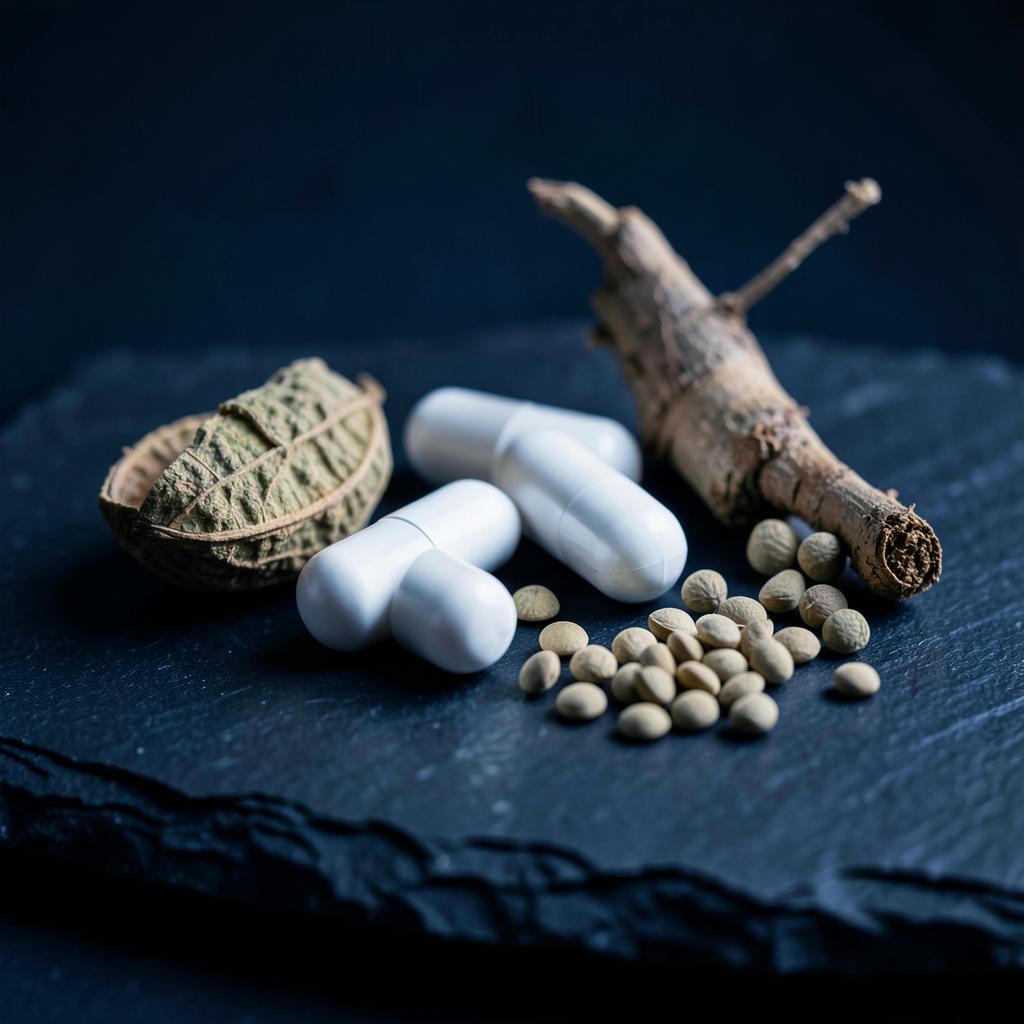 Macro shot of TestoHim capsules with raw botanical ingredients on dark slate